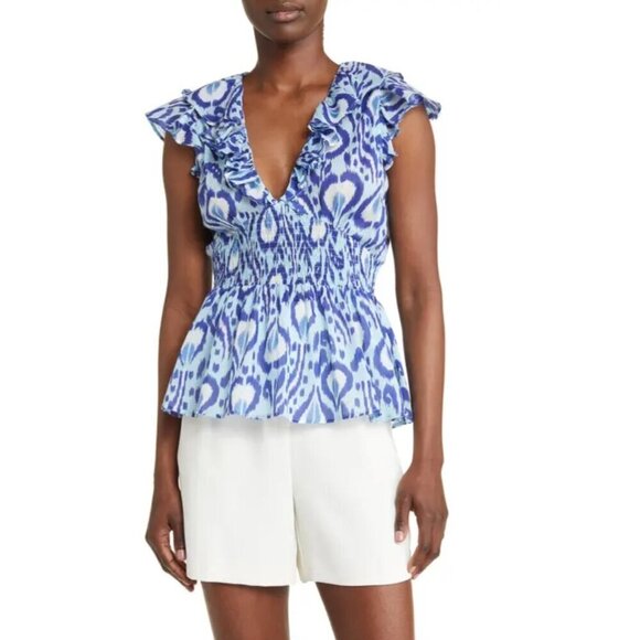 Banjanan Susie Print Ruffle Sleeve Blouse Ikat Bosphorus Womens Size Large - Picture 1 of 8